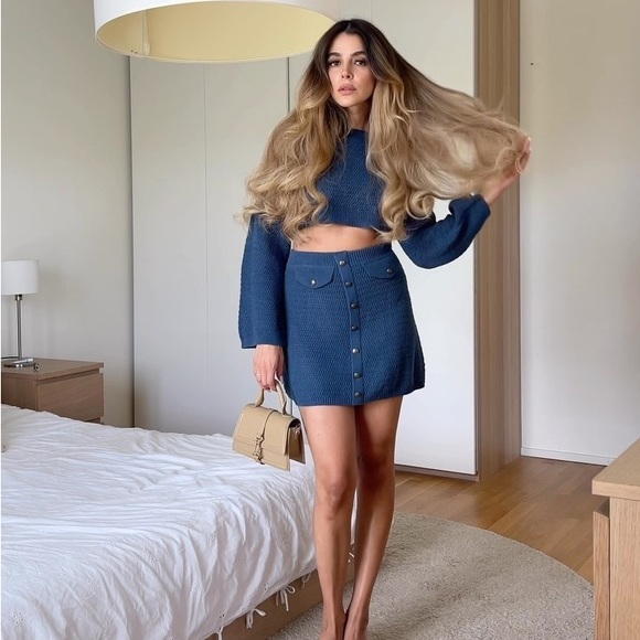 Zara Set Indigo Blue Cropped Knit Sweater Button Knit Skirt